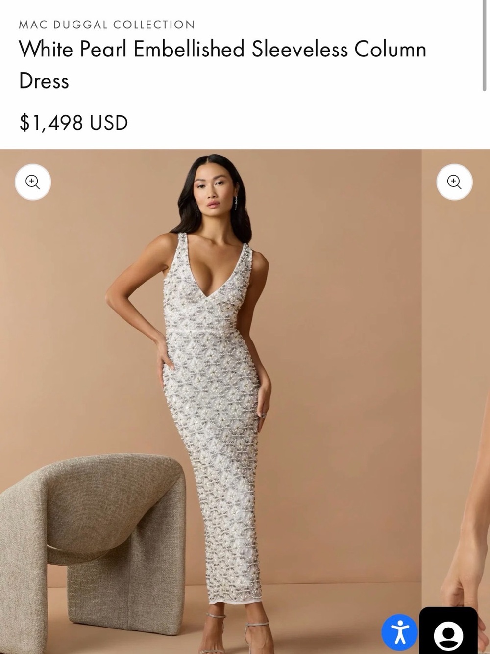 Mac Duggal White Pearl-Embellished V-Neck Column Gown